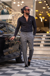 Bojoni Milford Black Slim Fit Pinstripe Cotton Shirt