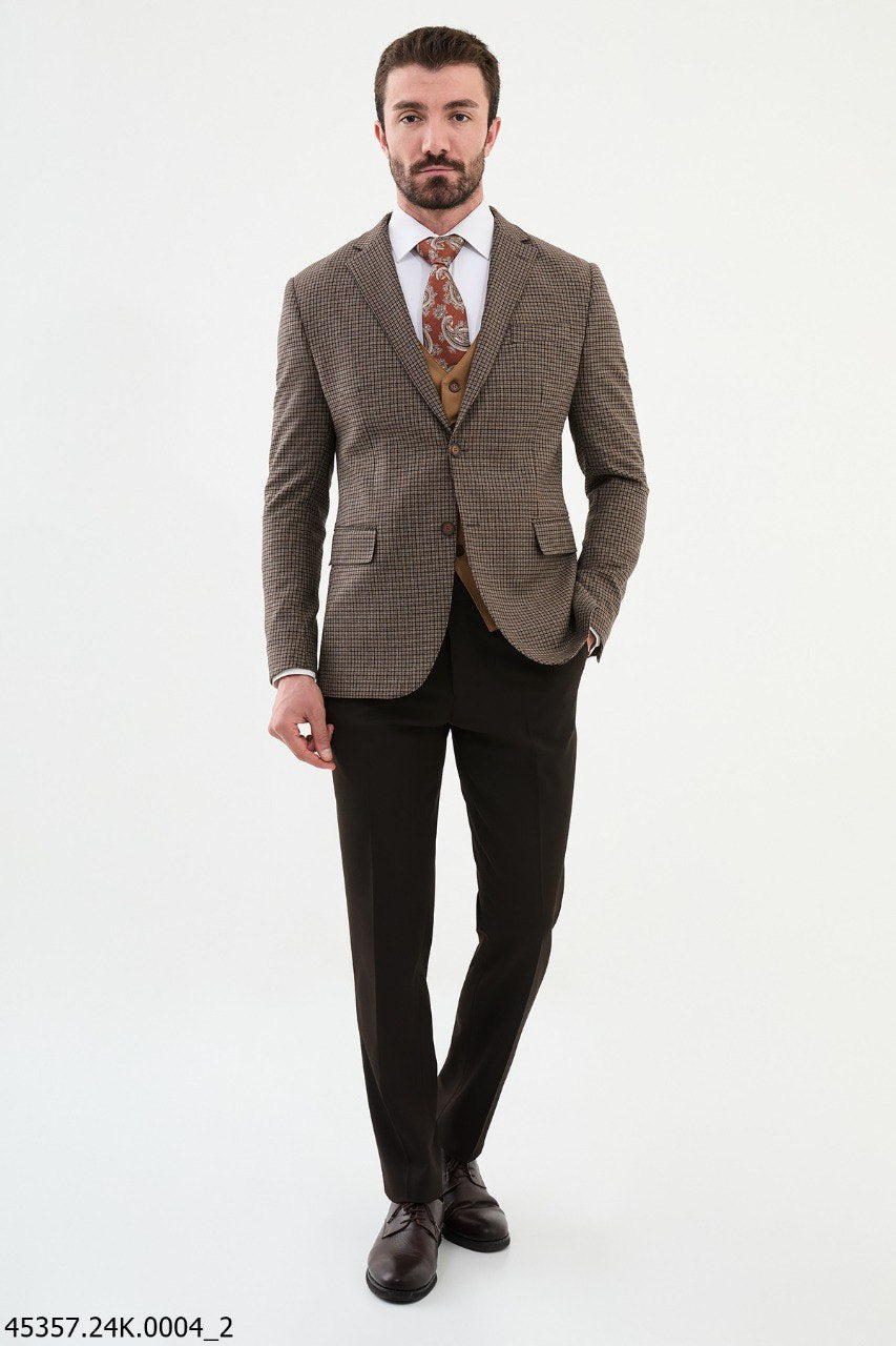 Bojoni Belmonte Brown Plaid Patterned Slim Fit Suit