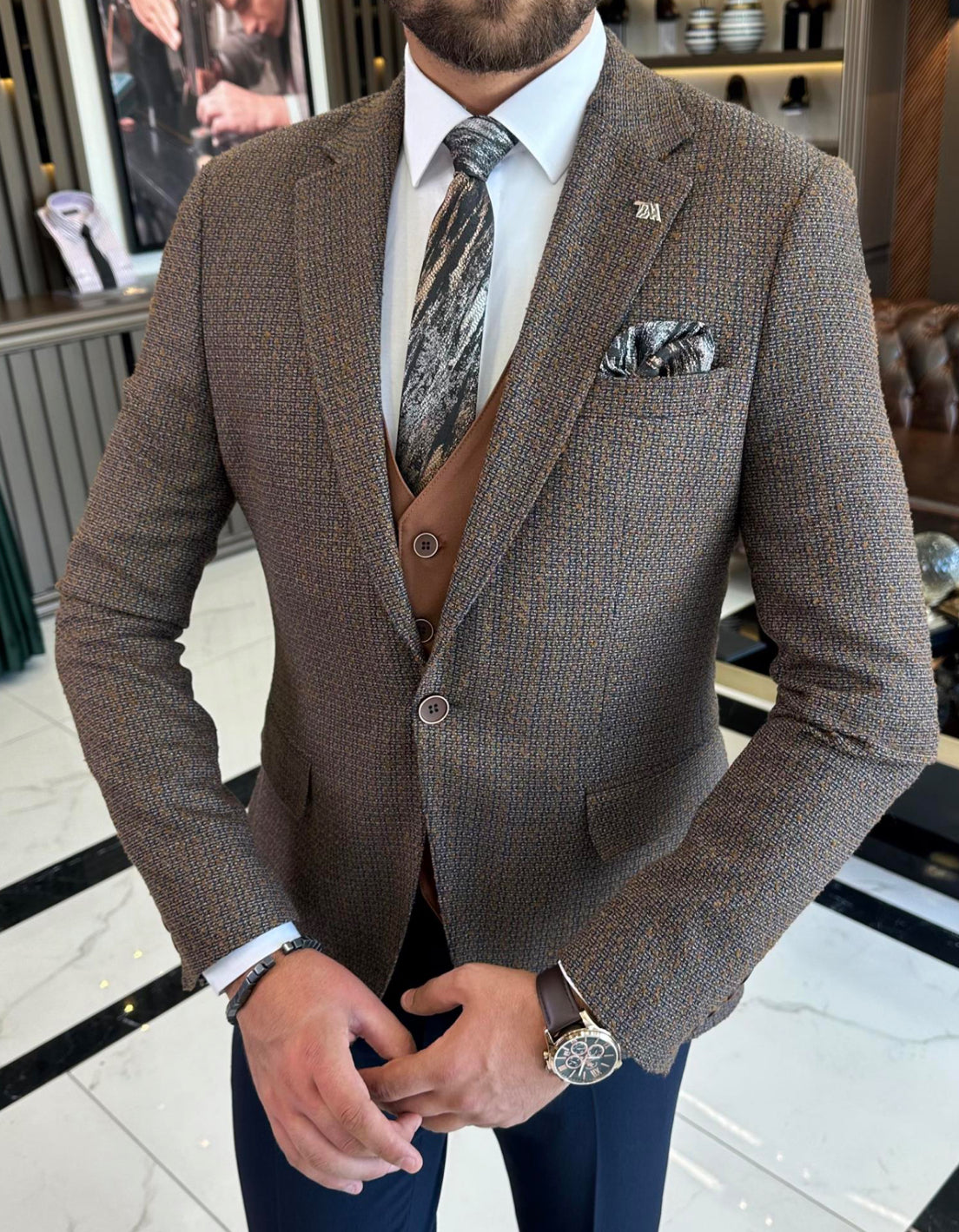 Bojoni Iowa Brown Wool Plaid Slim Fit Suit