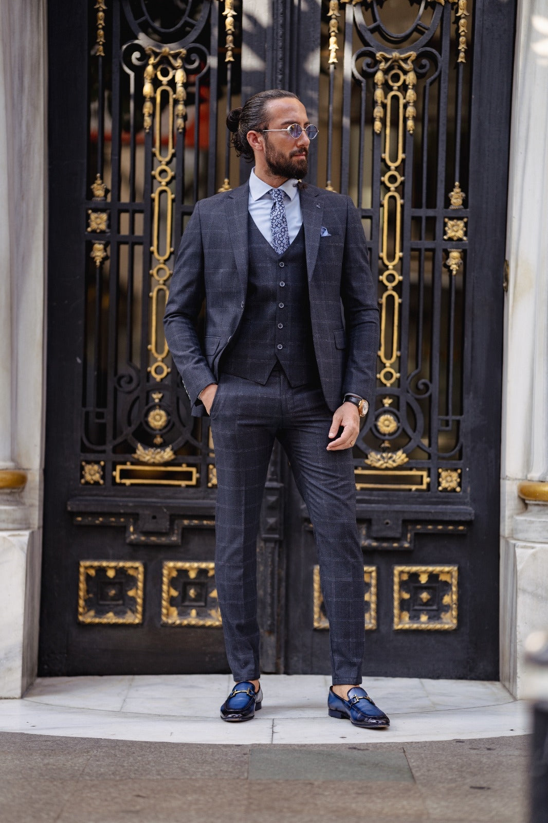 Bojoni  Matera Navy Blue Slim Fit Notch Lapel 3 Piece Check Suit