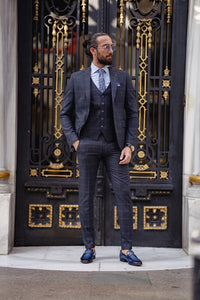 Bojoni  Matera Navy Blue Slim Fit Notch Lapel 3 Piece Check Suit