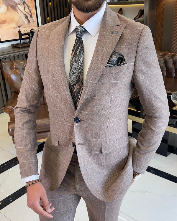 Bojoni Sheffield Brown Slim Fit 2 Piece Peak Lapel Check Suit