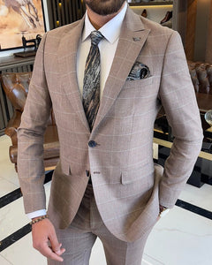 Bojoni Sheffield Brown Slim Fit 2 Piece Peak Lapel Check Suit