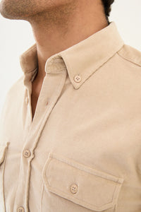 Bojoni Capena Hidden Button Slim Fit Beige Velvet Shirt