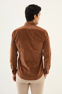 Bojoni Capena Hidden Button Slim Fit Camel Velvet Shirt