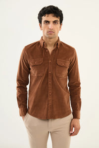 Bojoni Capena Hidden Button Slim Fit Camel Velvet Shirt