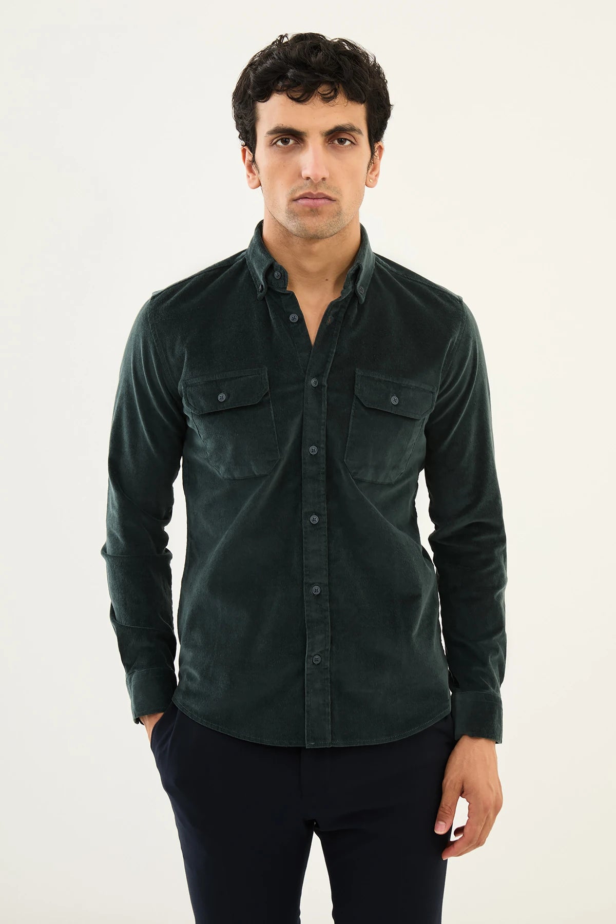 Bojoni Capena Hidden Button Slim Fit Emerald Velvet Shirt