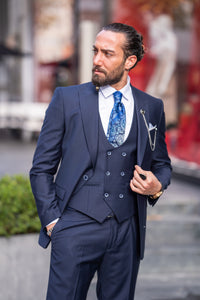 Bojoni Bath Navy Blue Slim Fit Peak Lapel 3 Piece Suit