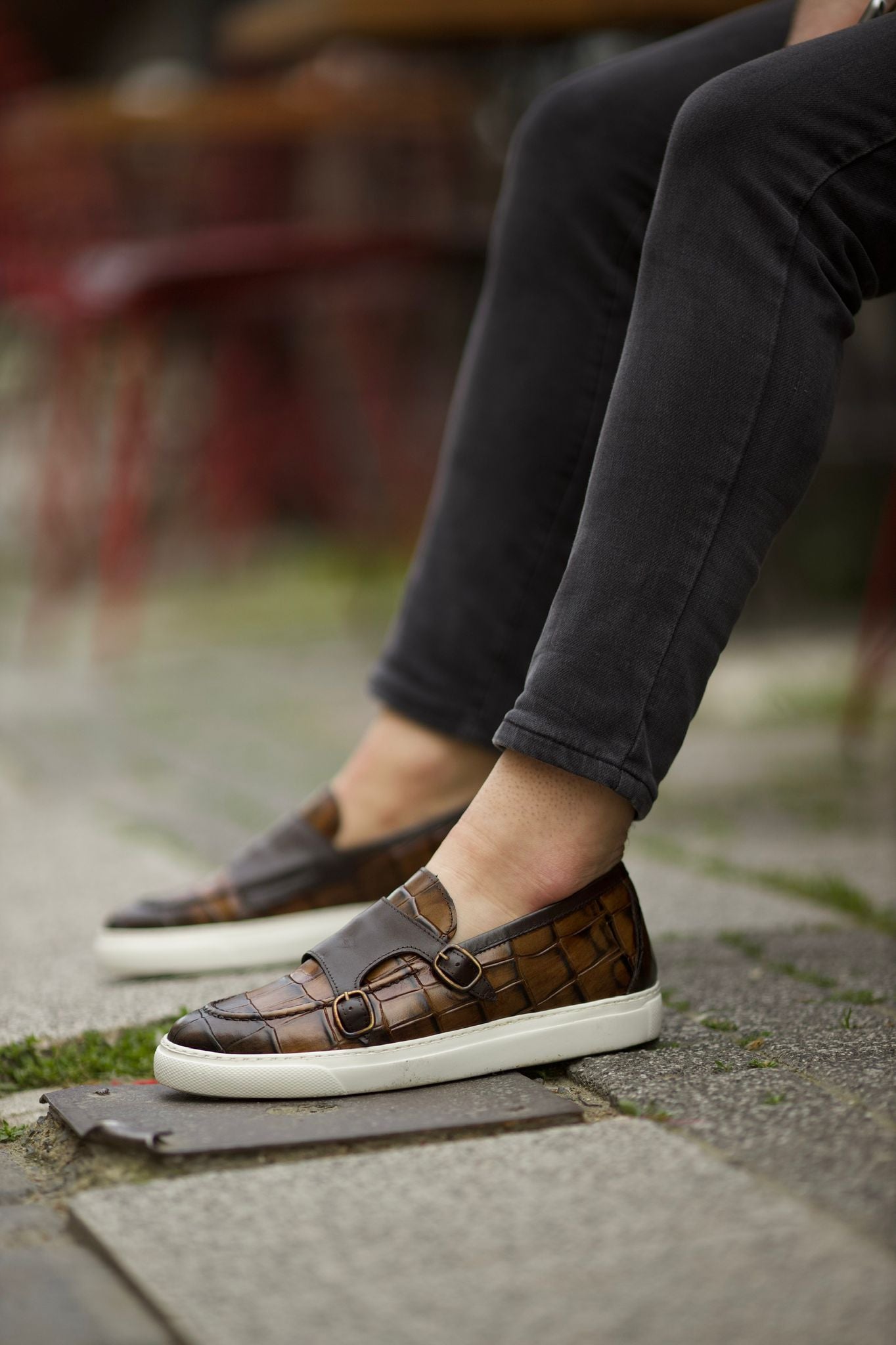 Bojoni Romeo Pool Buckle Crocodile Pattern Brown Loafers