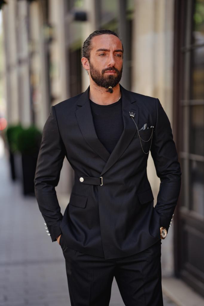 Bojoni Serra Black Slim Fit Double Breasted Short Sleeve Suit