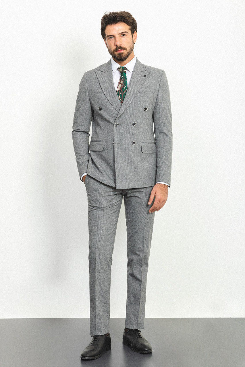 Bojoni Trivento Gray Double Breasted Striped Slim Fit Suit