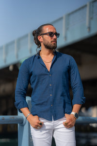 Bojoni Marelli Blue Slim Fit Linen Shirt