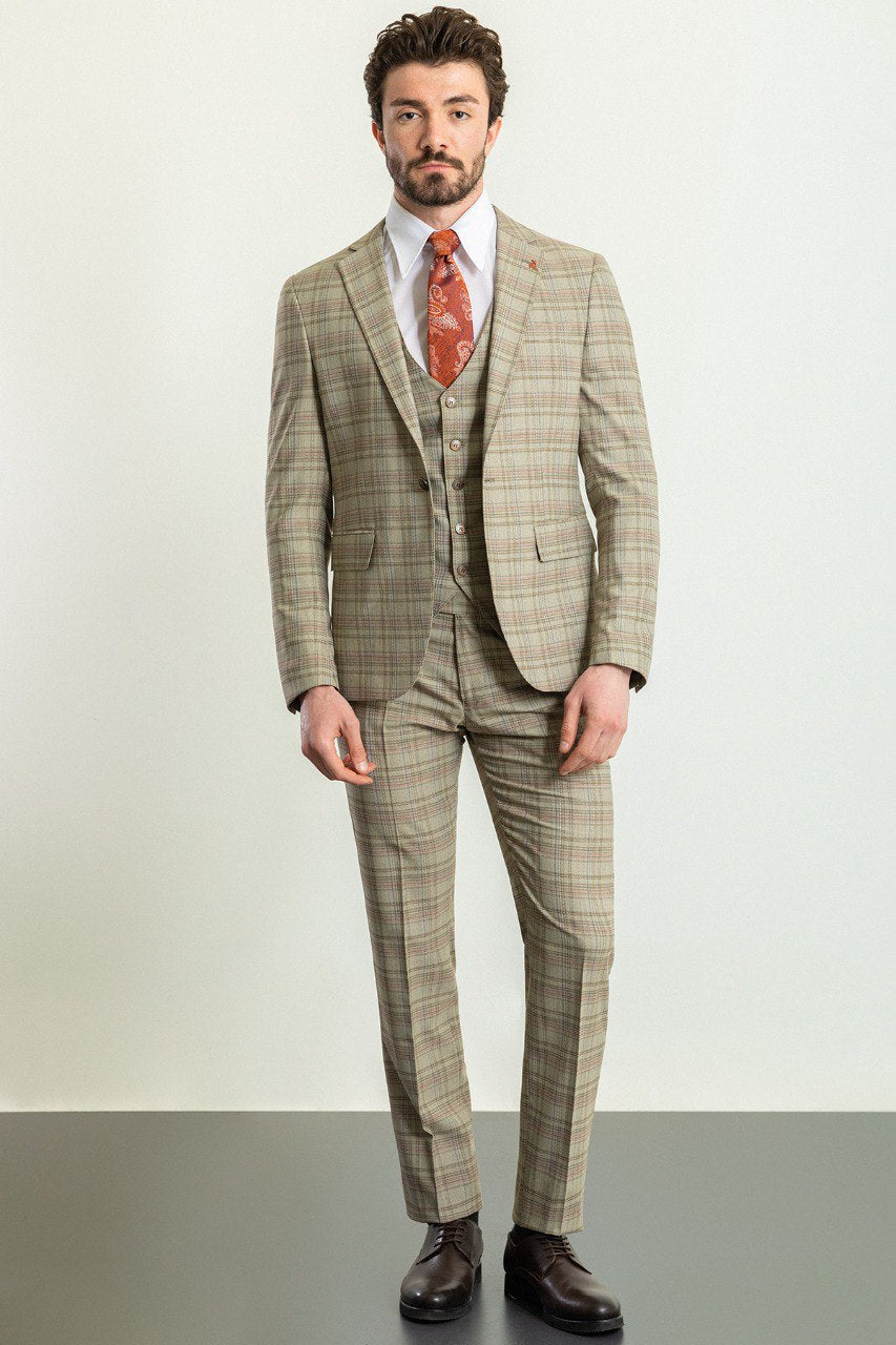 Bojoni Trivento Camel Plaid Patterned Slim Fit Suit