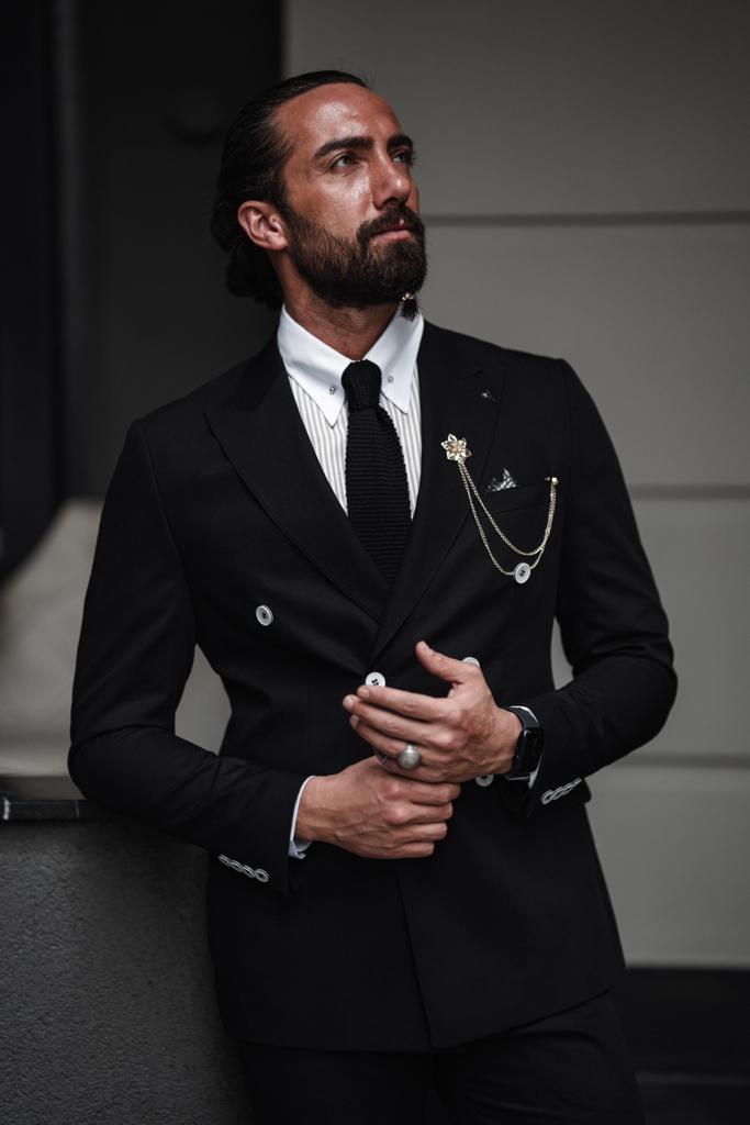 Bojoni Serra Black Slim Fit Double Breasted Suit