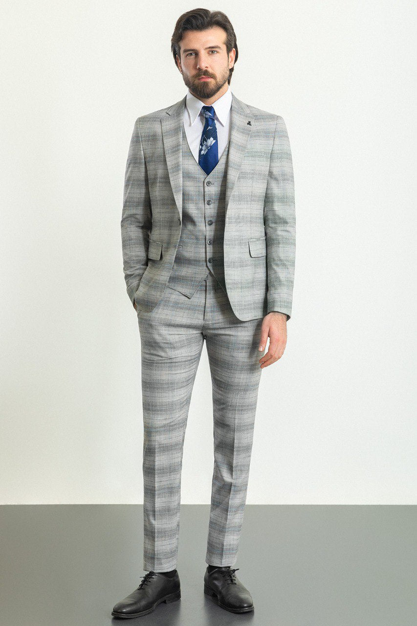 Bojoni Trivento Gray & Blue Plaid Slim Fit Suit