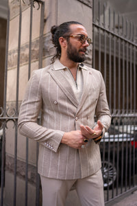 Bojoni Leclerc Beige Slim Fit Double Breasted Striped Blazer
