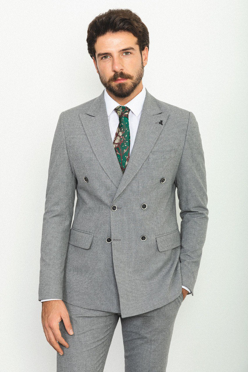 Bojoni Trivento Gray Double Breasted Striped Slim Fit Suit