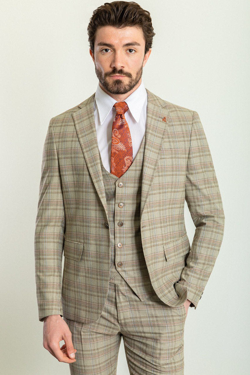 Bojoni Trivento Camel Plaid Patterned Slim Fit Suit