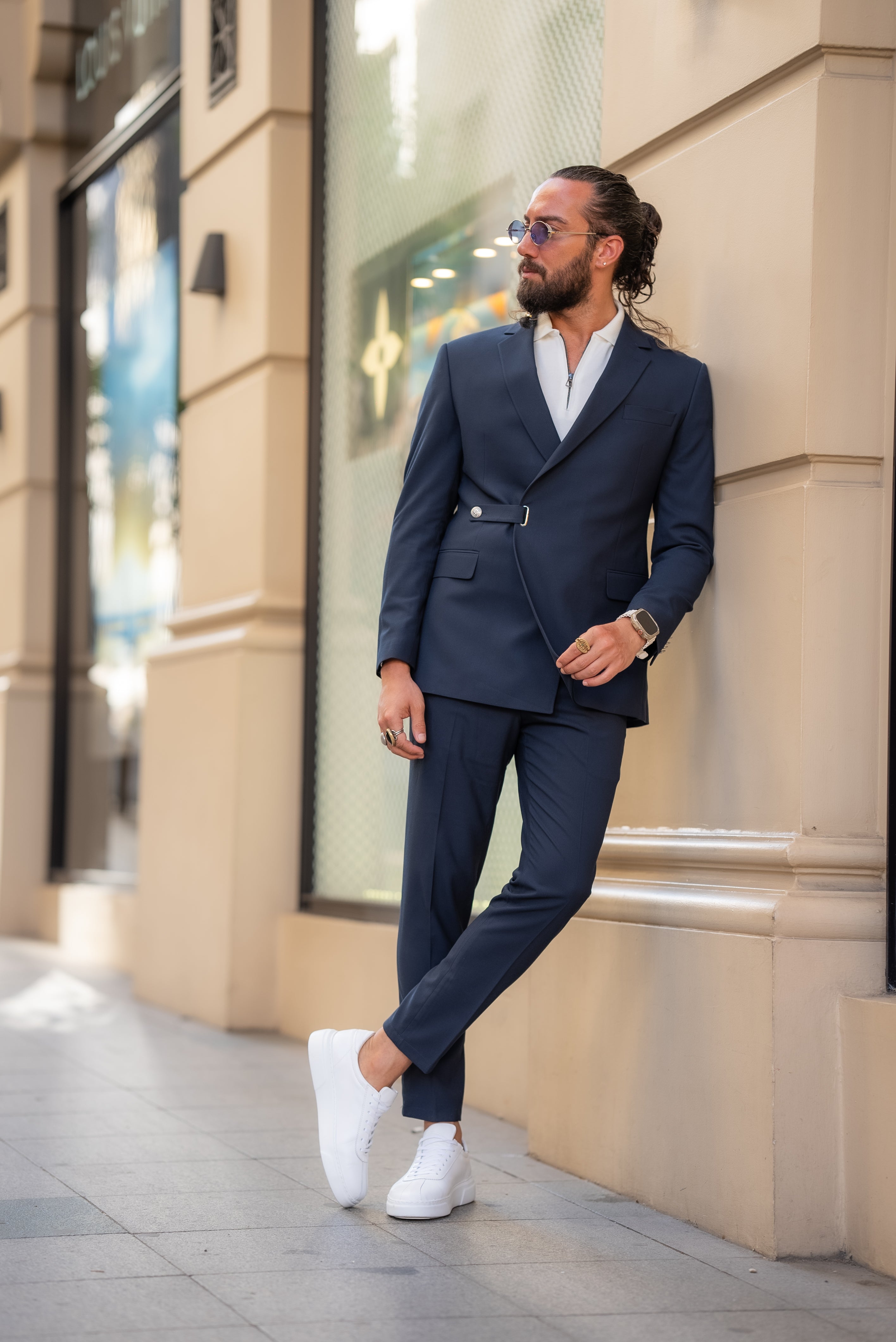 Bojoni Marelli Slim Fit Navy Single Lapel Button Detail Suit