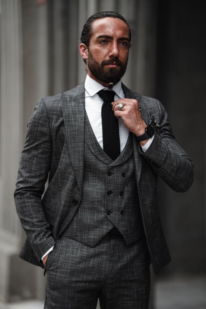 Bojoni Serra Dark Gray Slim Fit Crosshatch Suit