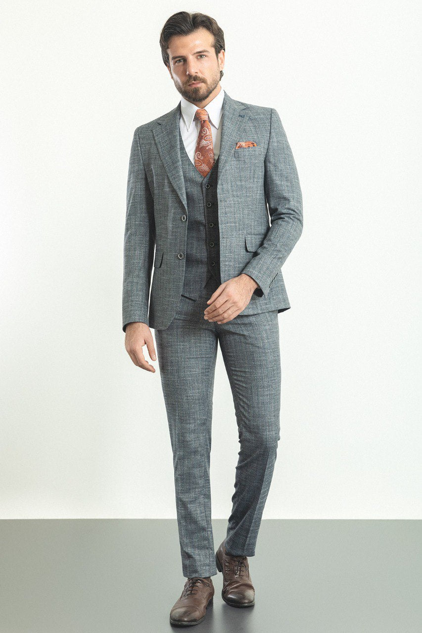 Bojoni Trivento Light Blue Patterned Vest Slim Fit Suit