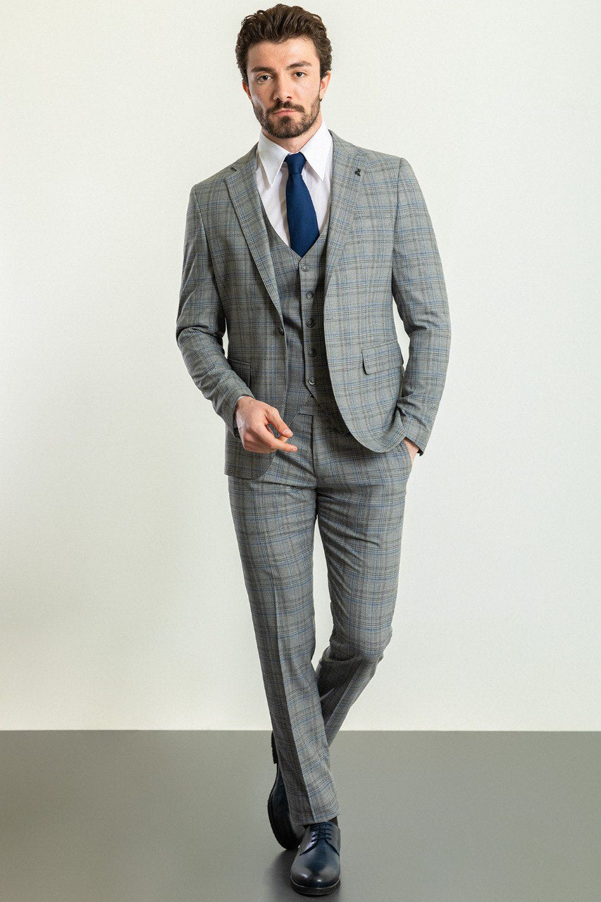 Bojoni Trivento Gray & Blue Plaid Patterned Classic Slim Fit Suit