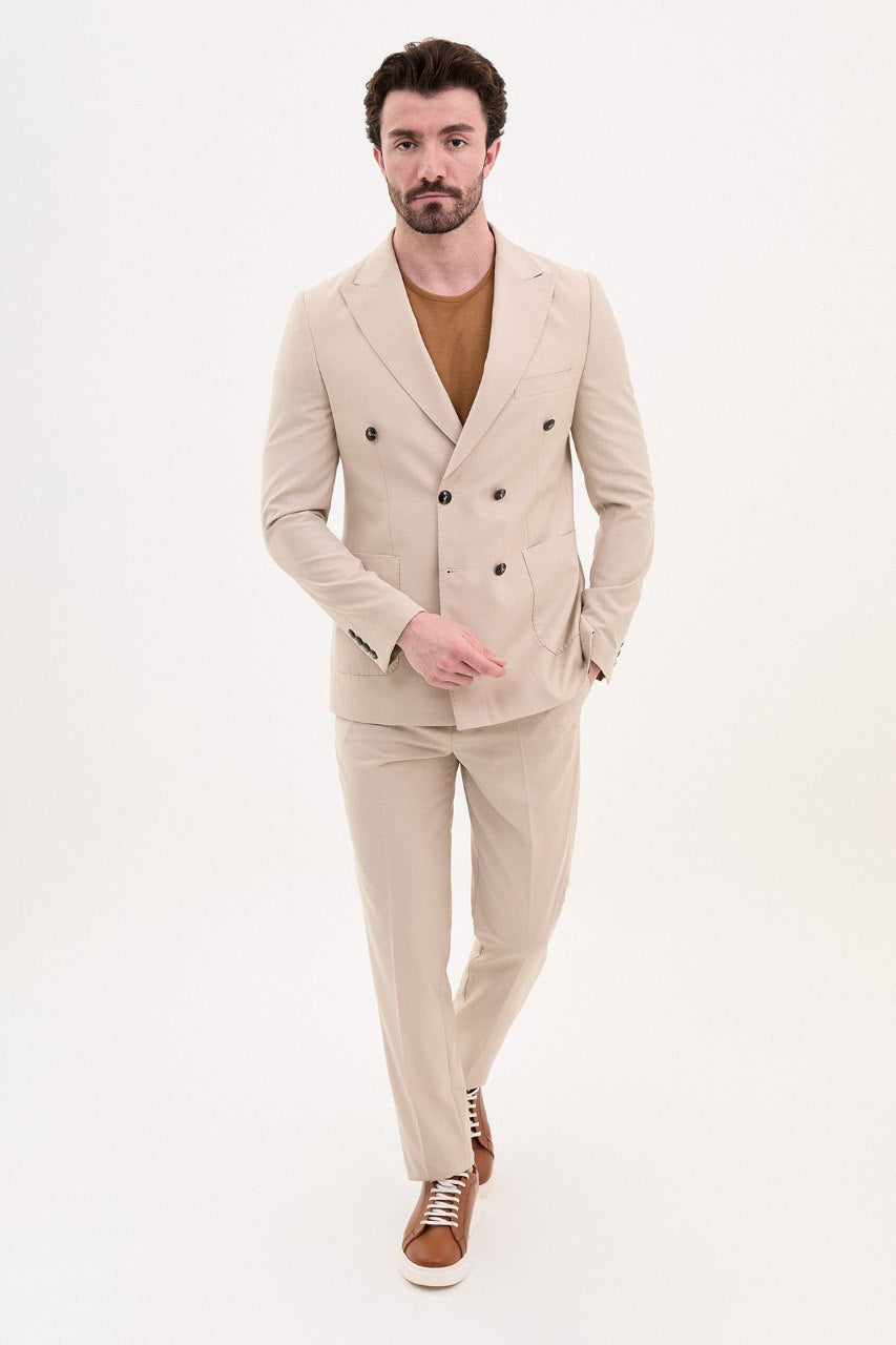 Bojoni Trivento Beige Double Breasted  Classic Slim Fit Suit