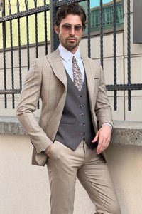 Bojoni Ravenna  Slim Fit Plaid Beige Woolen Combination Suit