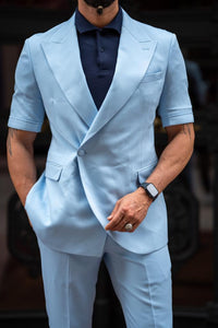 Bojoni Serra  Sky Blue Slim Fit Double Breasted Short Sleeve Suit