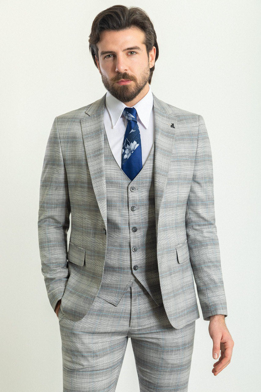 Bojoni Trivento Gray & Blue Plaid Slim Fit Suit