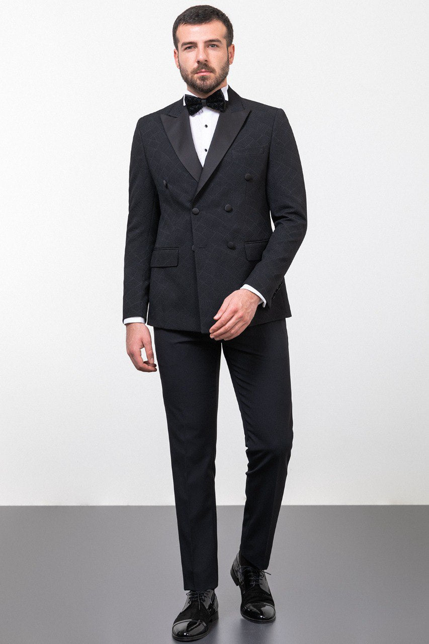 Bojoni Trivento Black Slim Fit Double Breasted Suit Tuxedo