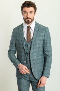 Bojoni Trivento Green Mint Plaid Patterned  Slim Fit Suit