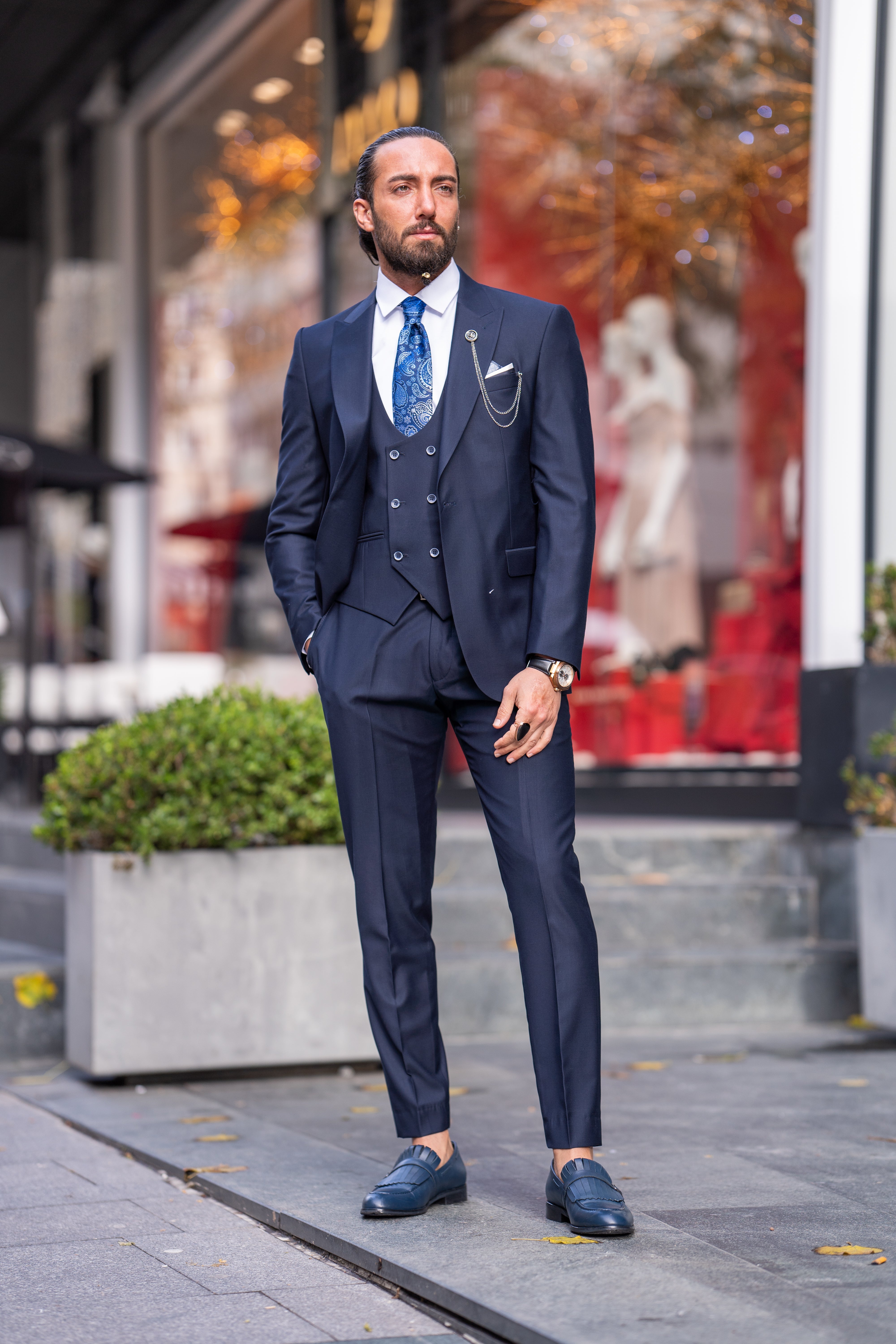 Bojoni Bath Navy Blue Slim Fit Peak Lapel 3 Piece Suit