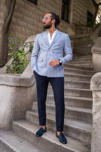 Bojoni Leclerc Sky Blue Slim Fit Double Breasted Striped Blazer