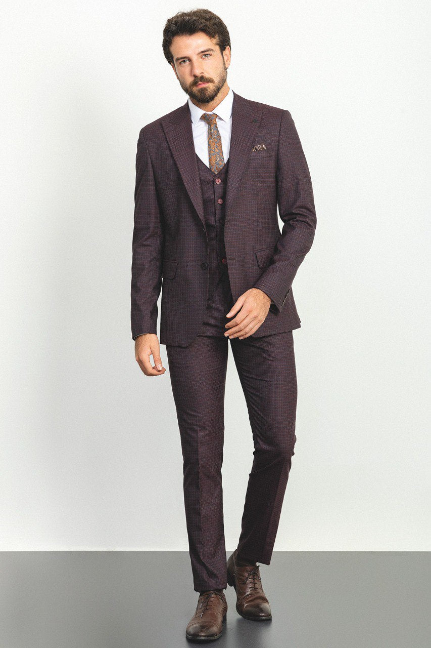 Bojoni Trivento Burgundy Checked Slim Fit Suit