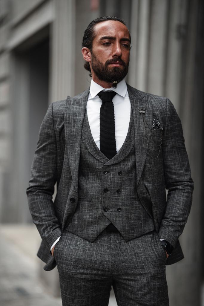 Bojoni Serra Dark Gray Slim Fit Crosshatch Suit