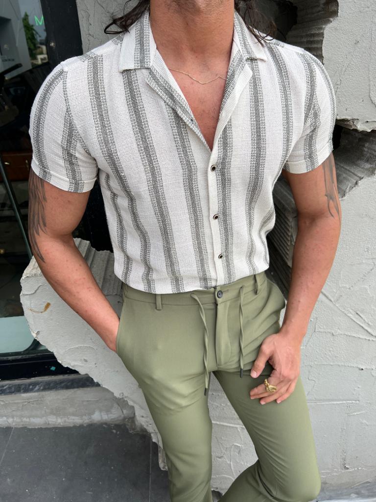 Margi Slim Fit Collared Green  Striped Shirt