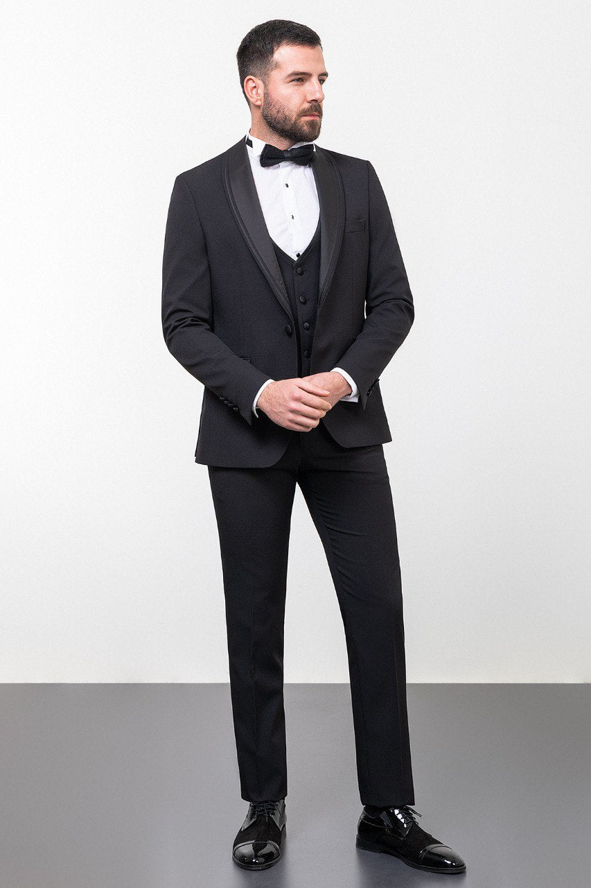 Bojoni Trivento Black Slim Fit Shawl Collar Suit Tuxedo