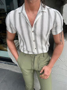 Margi Slim Fit Collared Green  Striped Shirt