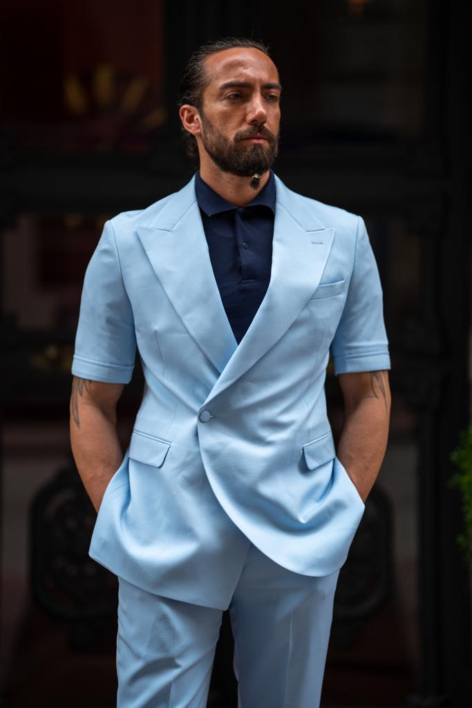 Bojoni Serra  Sky Blue Slim Fit Double Breasted Short Sleeve Suit