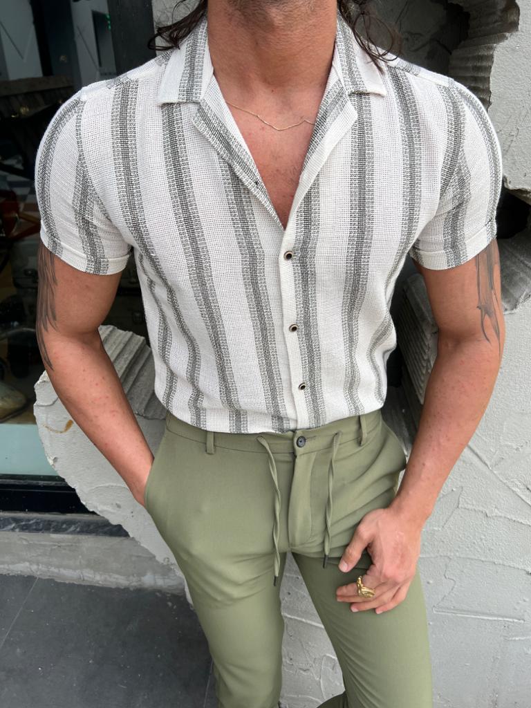 Margi Slim Fit Collared Green  Striped Shirt