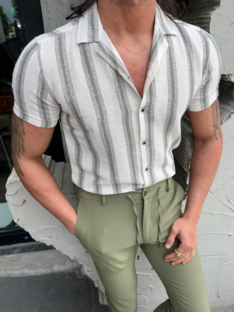 Margi Slim Fit Collared Green  Striped Shirt