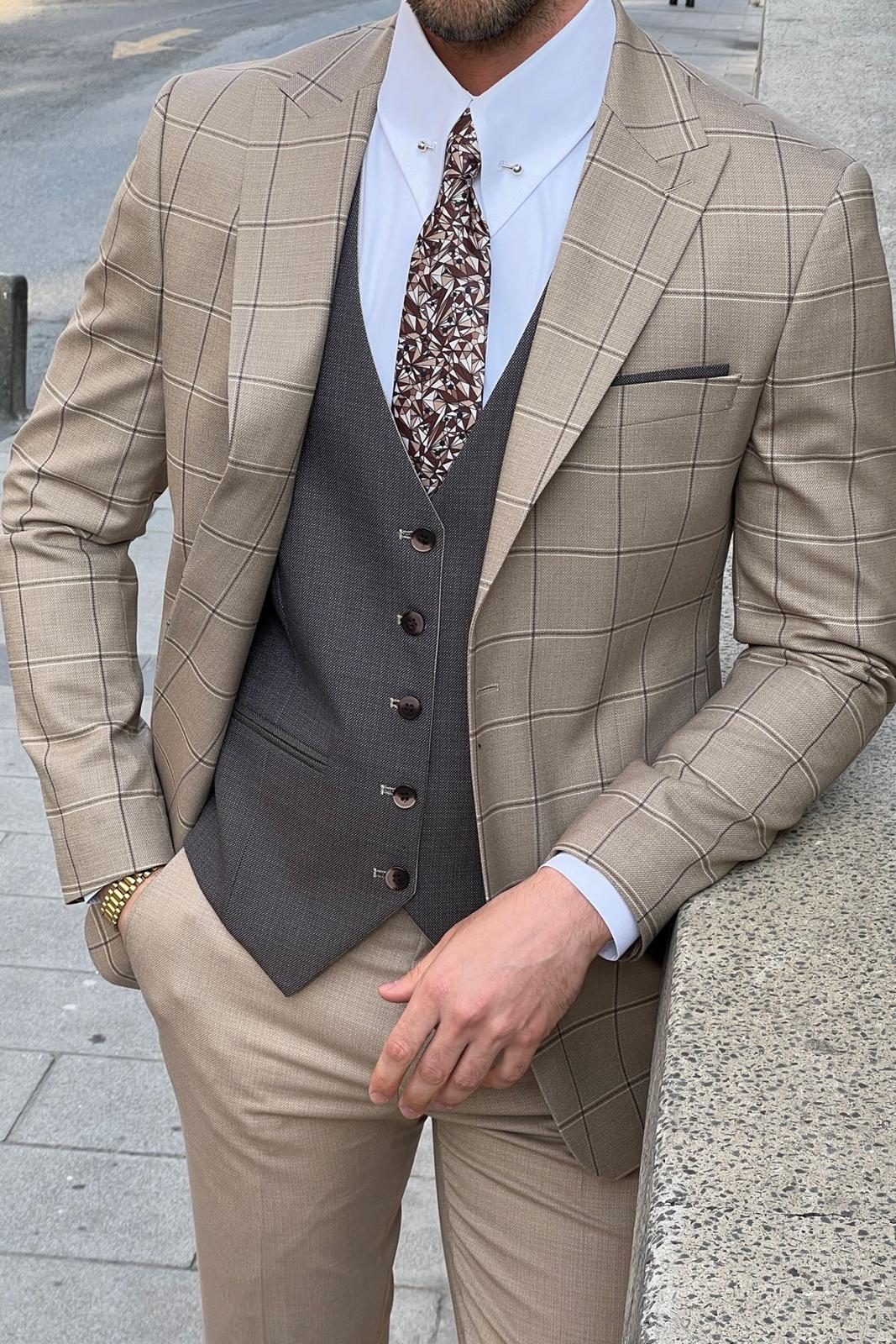 Bojoni Ravenna  Slim Fit Plaid Beige Woolen Combination Suit