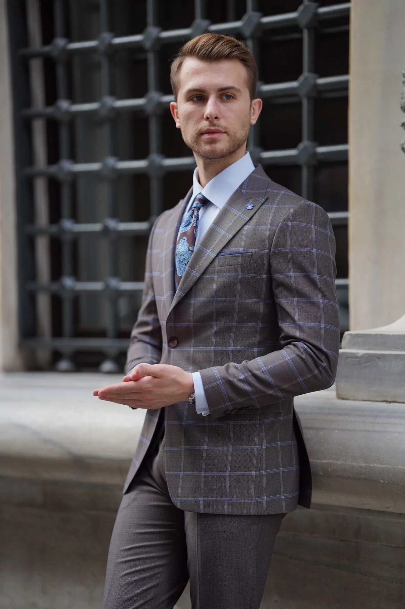 Bojoni Ravenna Slim Fit Plaid Brown Wool Combination Suit