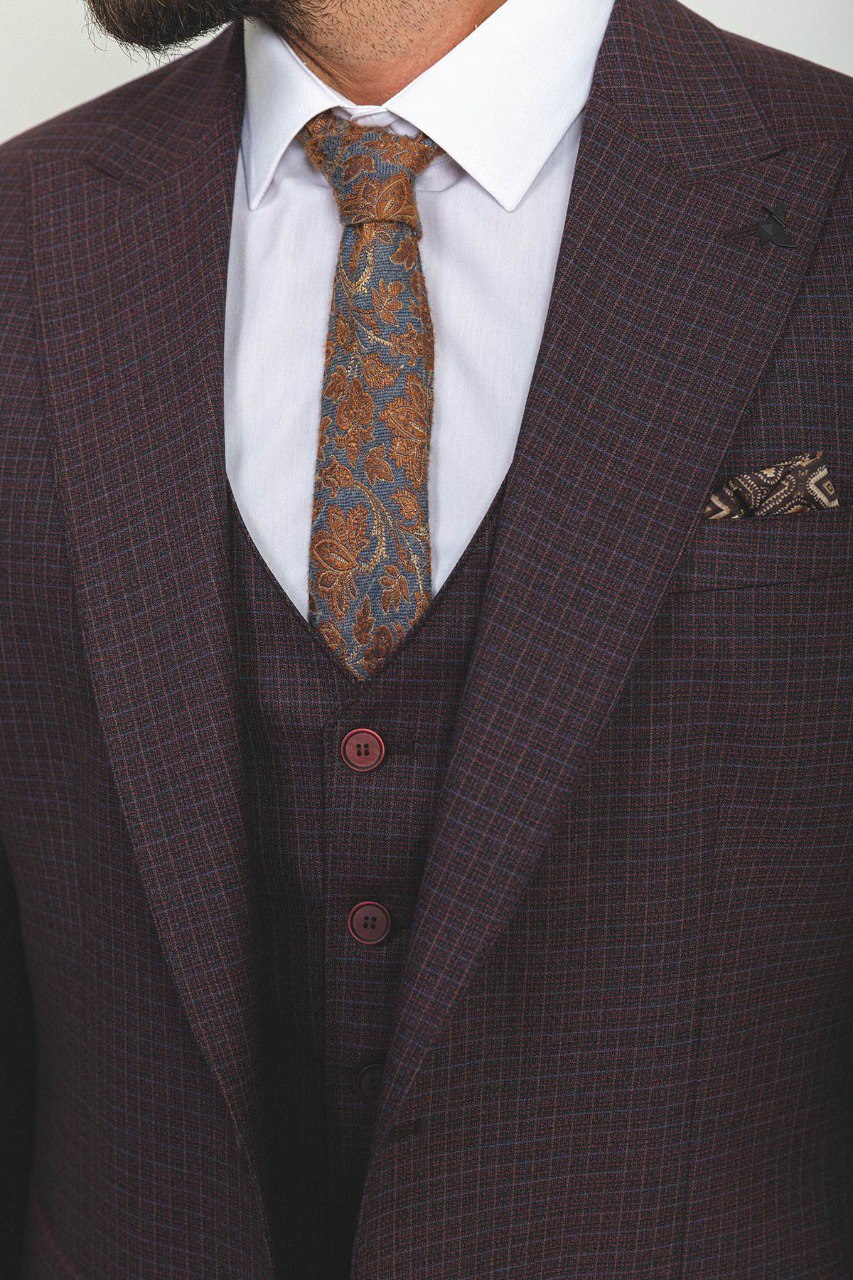 Bojoni Trivento Burgundy Checked Slim Fit Suit