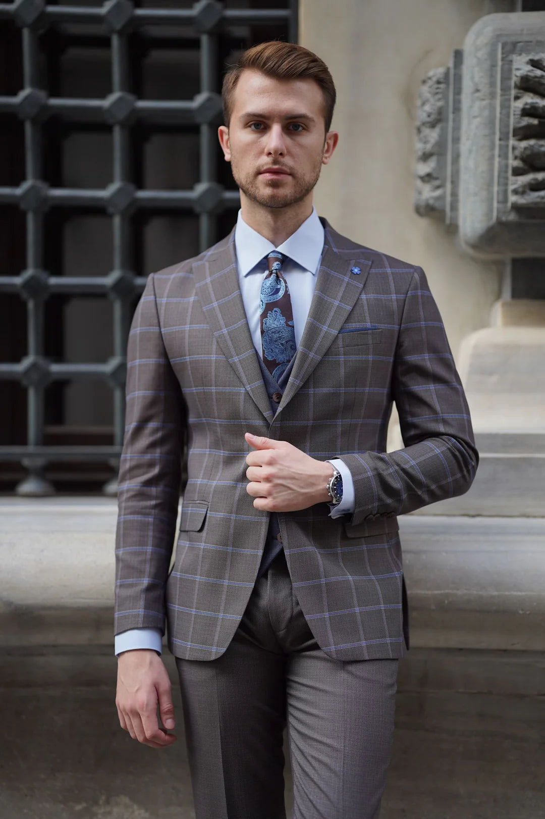 Bojoni Ravenna Slim Fit Plaid Brown Wool Combination Suit