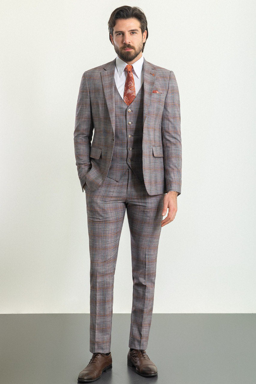 Bojoni Trivento Gray & Orange Plaid Slim Fit Suit