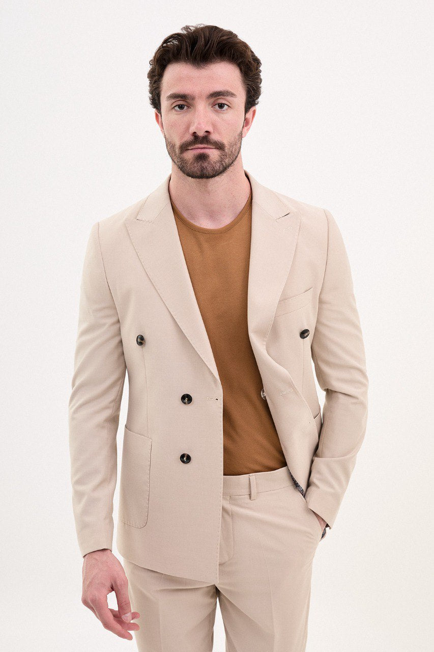 Bojoni Trivento Beige Double Breasted  Classic Slim Fit Suit