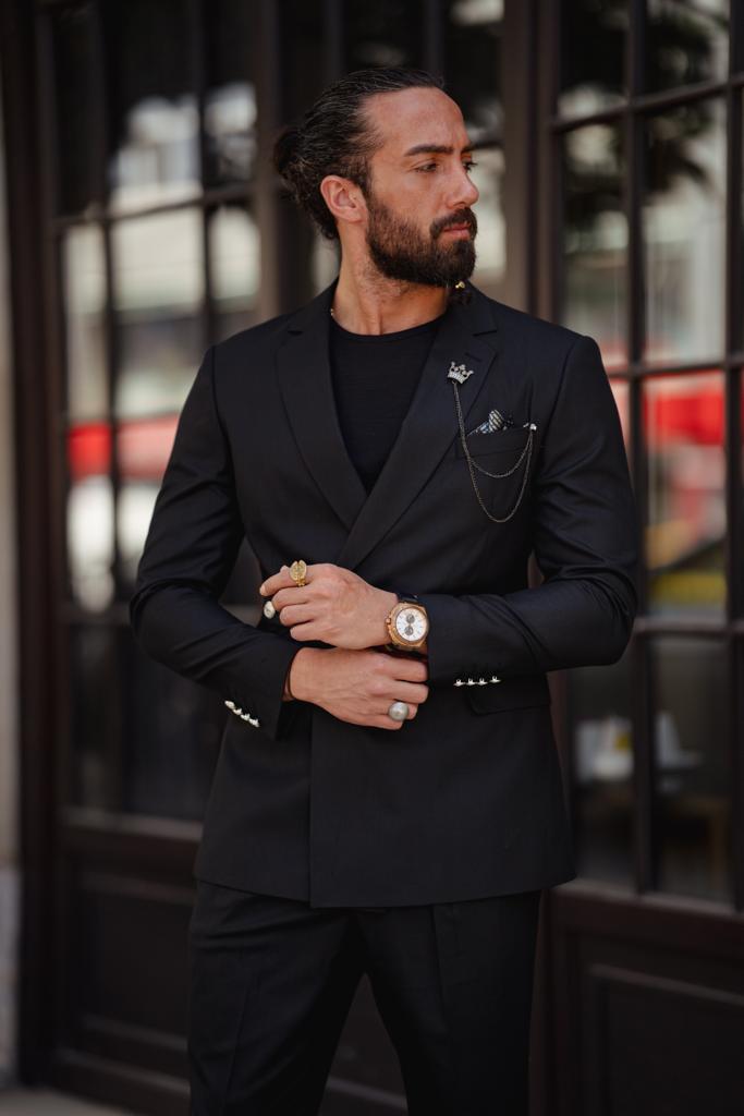 Bojoni Serra Black Slim Fit Double Breasted Short Sleeve Suit