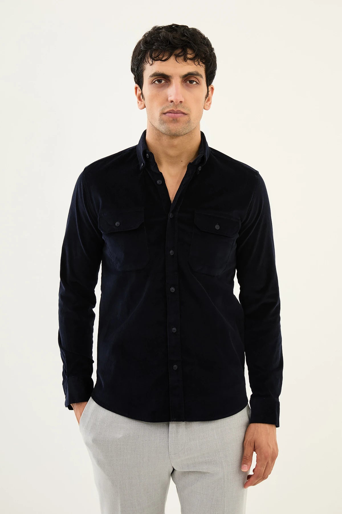 Bojoni Capena Hidden Button Slim Fit Navy Blue Velvet Shirt